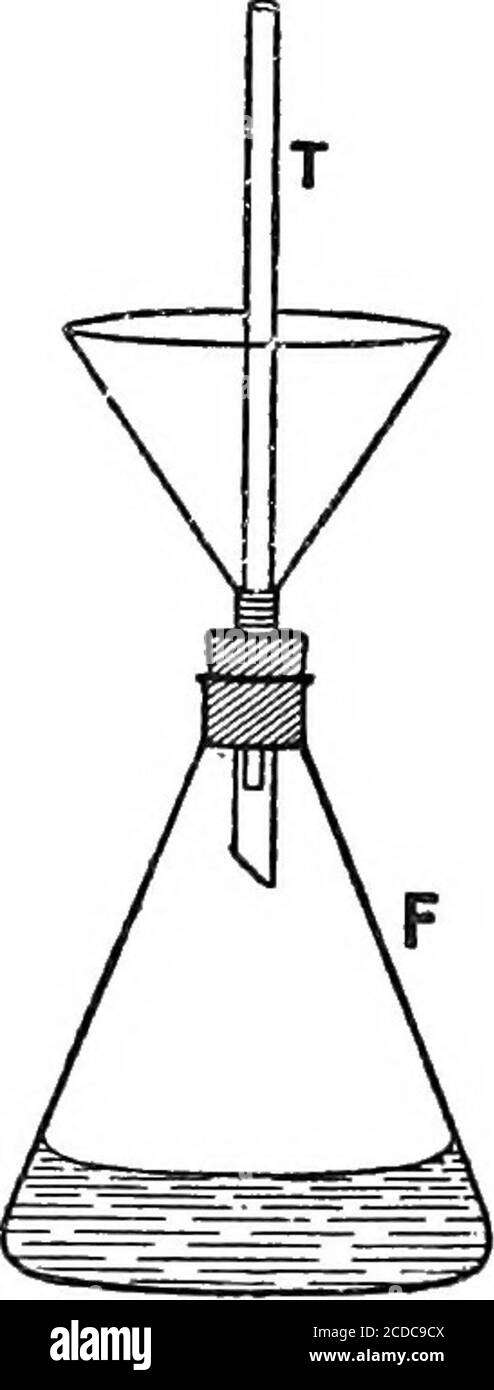 . Practical physical chemistry . / crLb ^. Fig. 56. Fig. S7. The glass vessels are best cleaned and dried by firstsubjecting them for five or ten minutes to the action of steam,and then drawing a current of air through them by means of afilter pump. A very convenient apparatus for the purpose ofsteaming out the vessels is shown in Fig. 57. The glass tube Tis fitted by means of a piece of rubber tubing into the stem ofa funnel which passes through the cork in the neck of the flaskF. The vessel to be cleaned is placed over the end of the tube CONDUCTIVITY OF ELECTROLYTES 171 T, and water is boil Stock Photo