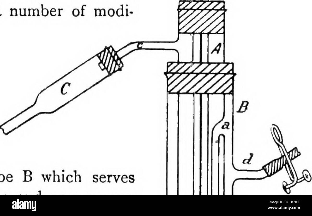 . Practical physical chemistry . -1 given strength of solution, only a comparatively small elevationof the boiling-point is obtained. Experiment.—Determine the MolarWeight of Benzoic Acid in Acetone and inEthyl Alcohol. Apparatus of McCoy.—To over-come the defects inherent in the Walker-Lumsden apparatus, a number of modi-fications have beendevised, one of themost convenient ofwhich, for ordinarylaboratory work, isthat due to McCoy.This apparatus (Fig. 49) consists of a tube B which servesboth as a boiling tube and as a vapourjacket. Inside this there passes thenarrower tube A, which is gradua Stock Photo