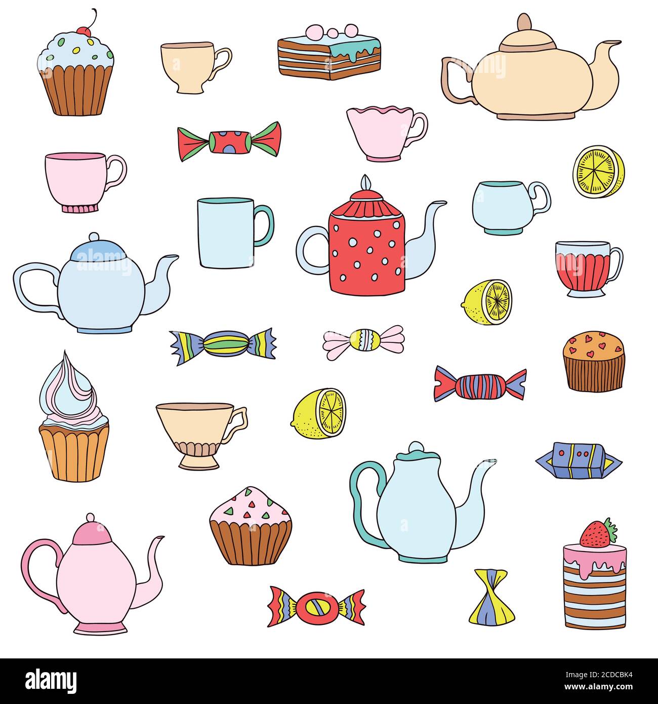Big cartoon set of tea time elements Stock Vector