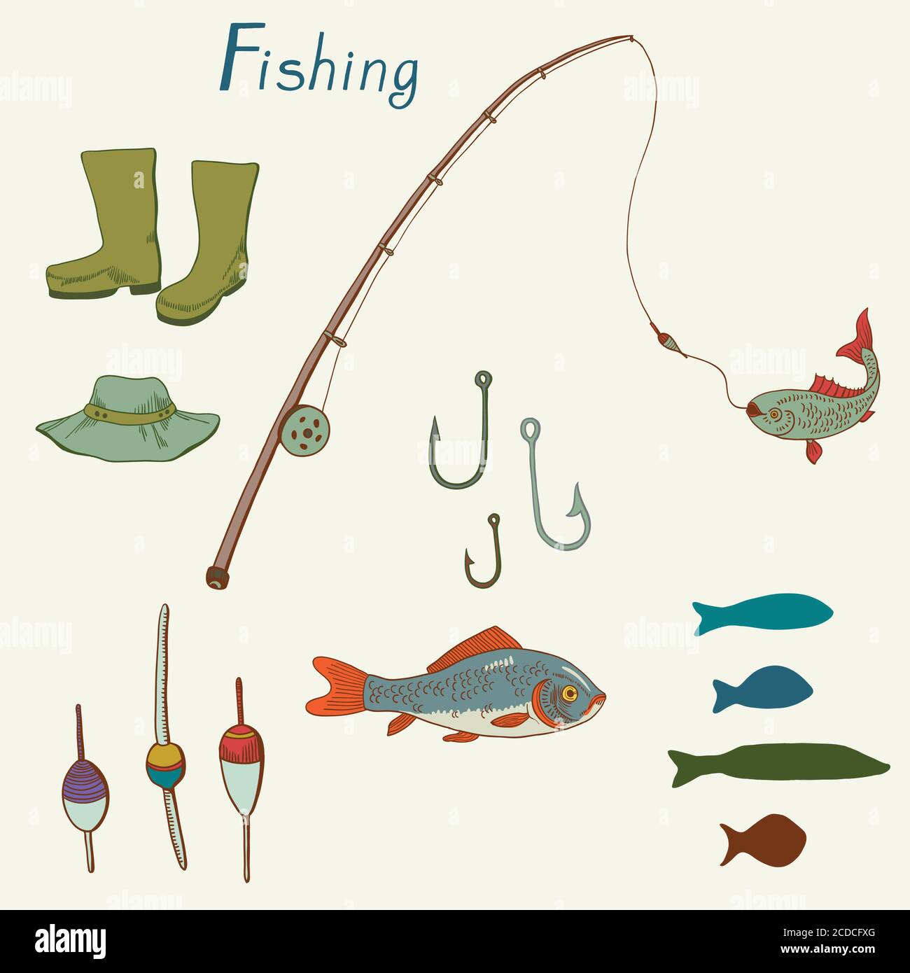 Hand drawn set of fishing equipment, hook, boots, rod Stock Vector Image &  Art - Alamy