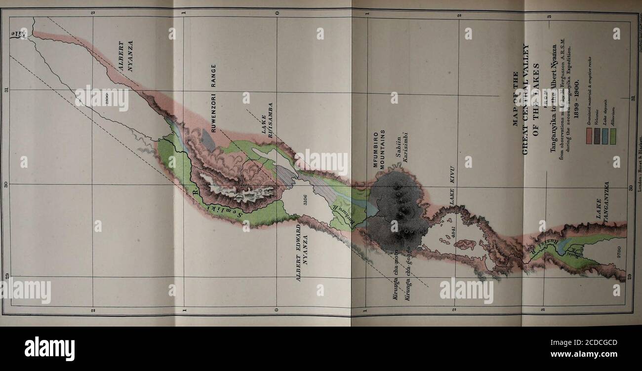 . The Tanganyika problem; an account of the researches undertaken concerning the existence of marine animals in Central Africa . THE TANGANYIKA PROBLEM. 8i the lake. On the lake shore, at certain places, Viuwko andLumungi, the sandstones were found to rest on granite,which can be seen just above the present water-line ; butnorth of Lumungi the sandstone deposits disappear, andare succeeded by granites, gneiss and schists, which formthe chief constituents of the great mountain range flankingthe extreme north of Tanganyika on the east, and whichcan be seen running away north, parallel with the s Stock Photo