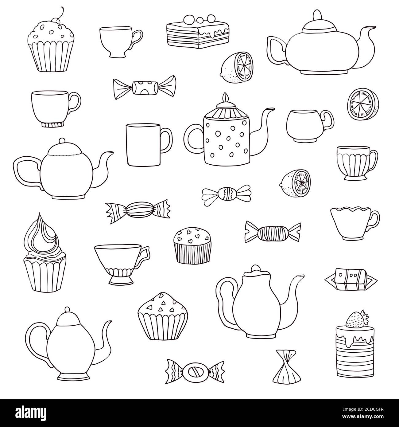 Big cartoon set of tea time elements Stock Vector