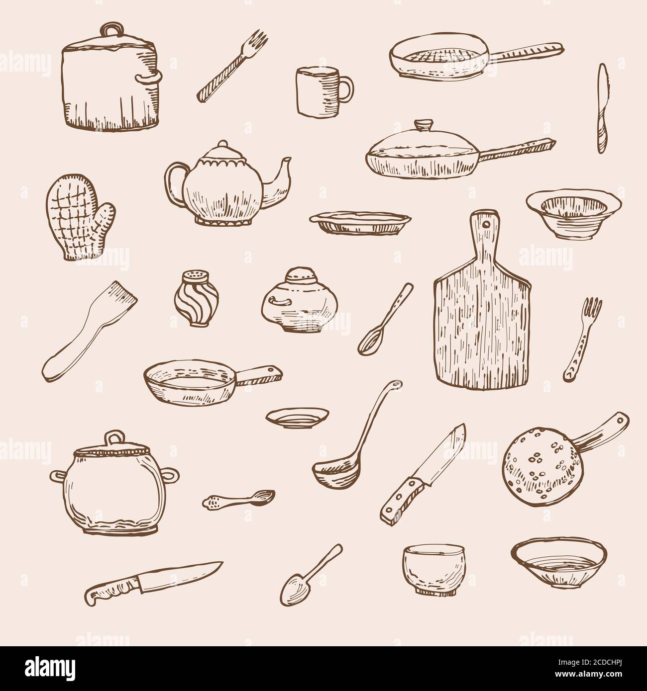 Ink hand drawn dishes big set Stock Vector