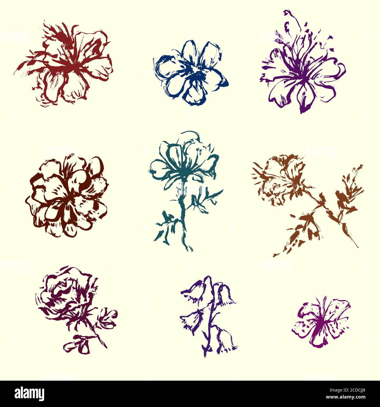 Set of hand painted flowers grunge stroke elements Stock Vector Image ...