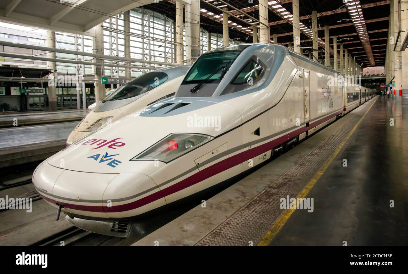 High-speed bullet trains, Atocha station, Madrid, Spain Stock Photo