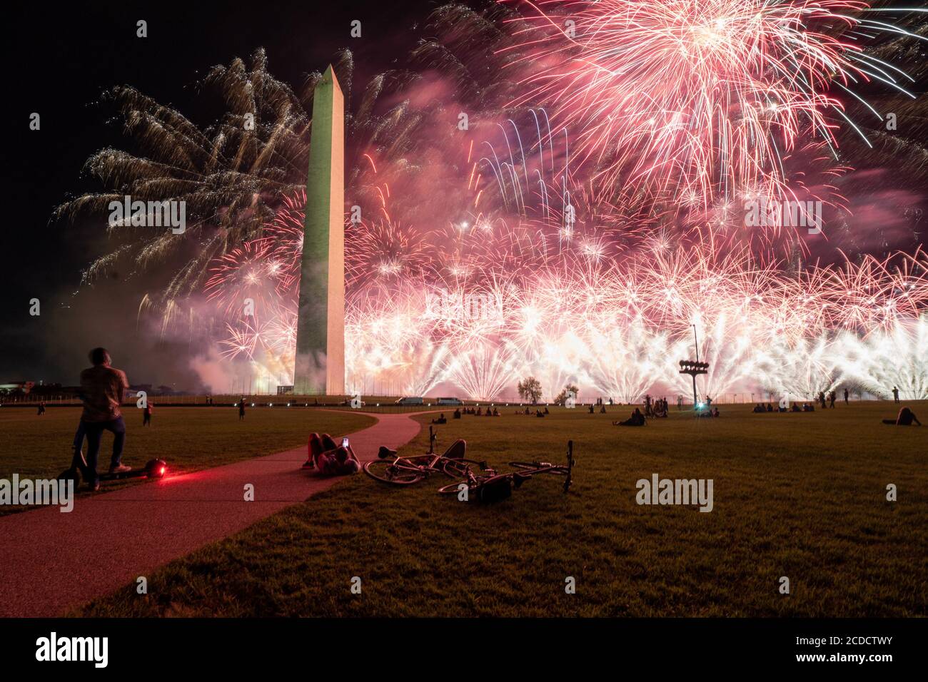 Washington, United States. 28th Aug, 2020. Fireworks go off at the Washigton Monument after U.S. President Donald Trump accepted his nomination at the Republican National Convention at the White House in Washington, DC on Thursday, August 27, 2020. Photo by Ken Cedeno/UPI Credit: UPI/Alamy Live News Stock Photo