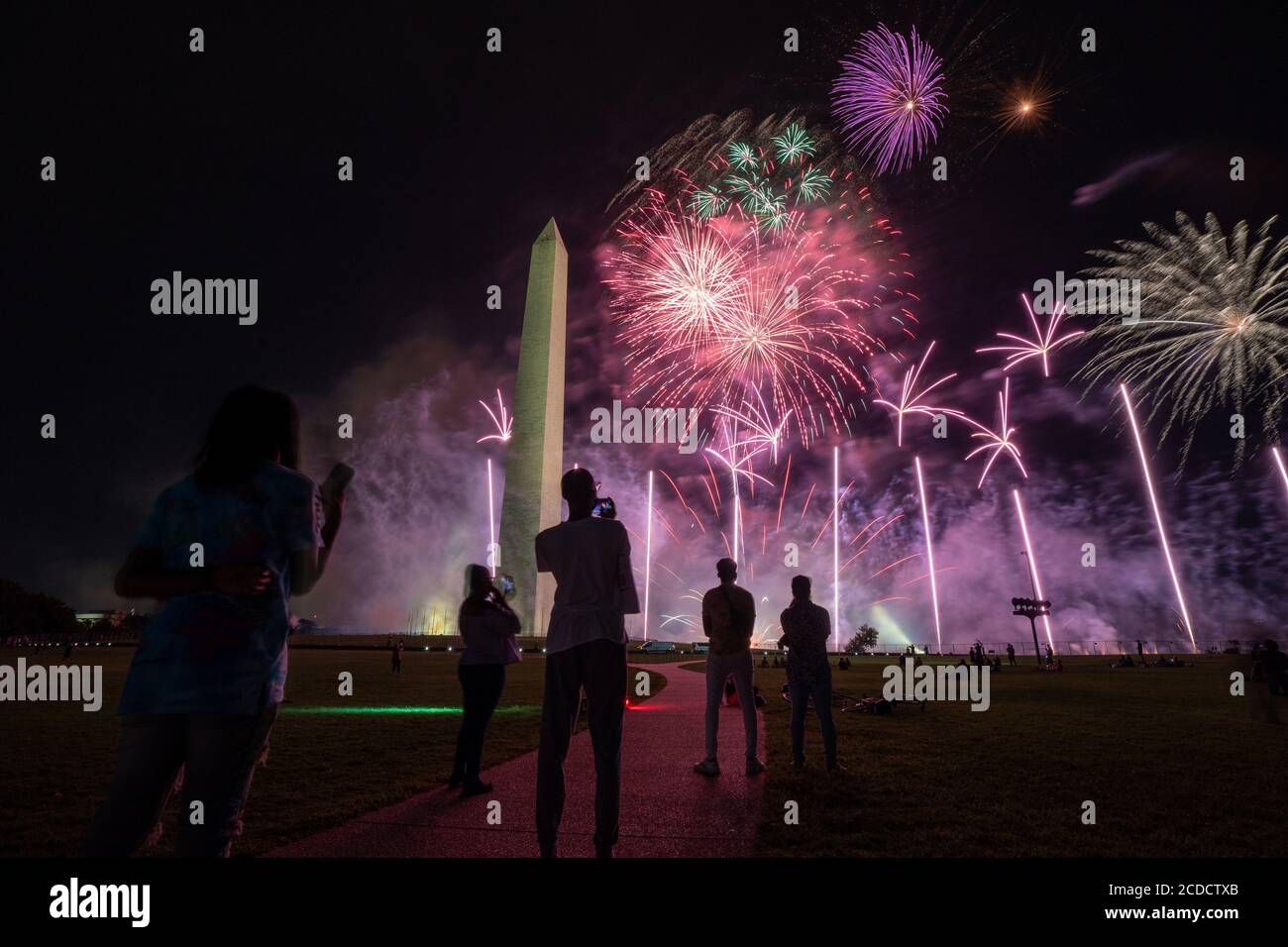 Washington, United States. 28th Aug, 2020. Fireworks go off at the Washigton Monument after U.S. President Donald Trump accepted his nomination at the Republican National Convention at the White House in Washington, DC on Thursday, August 27, 2020. Photo by Ken Cedeno/UPI Credit: UPI/Alamy Live News Stock Photo