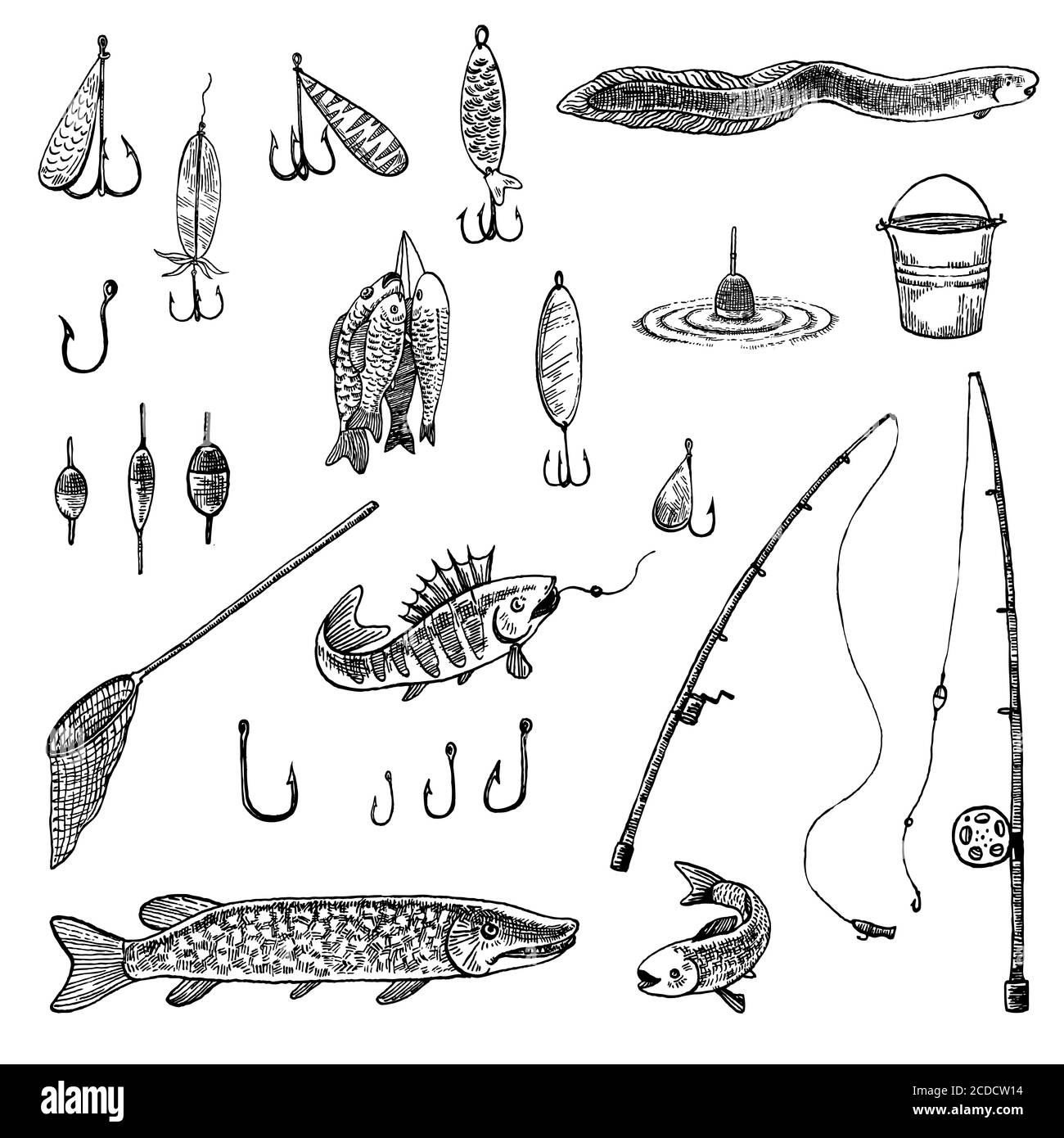 Hand drawn ink set of fishing equipment, hook, boots, rod Stock Vector