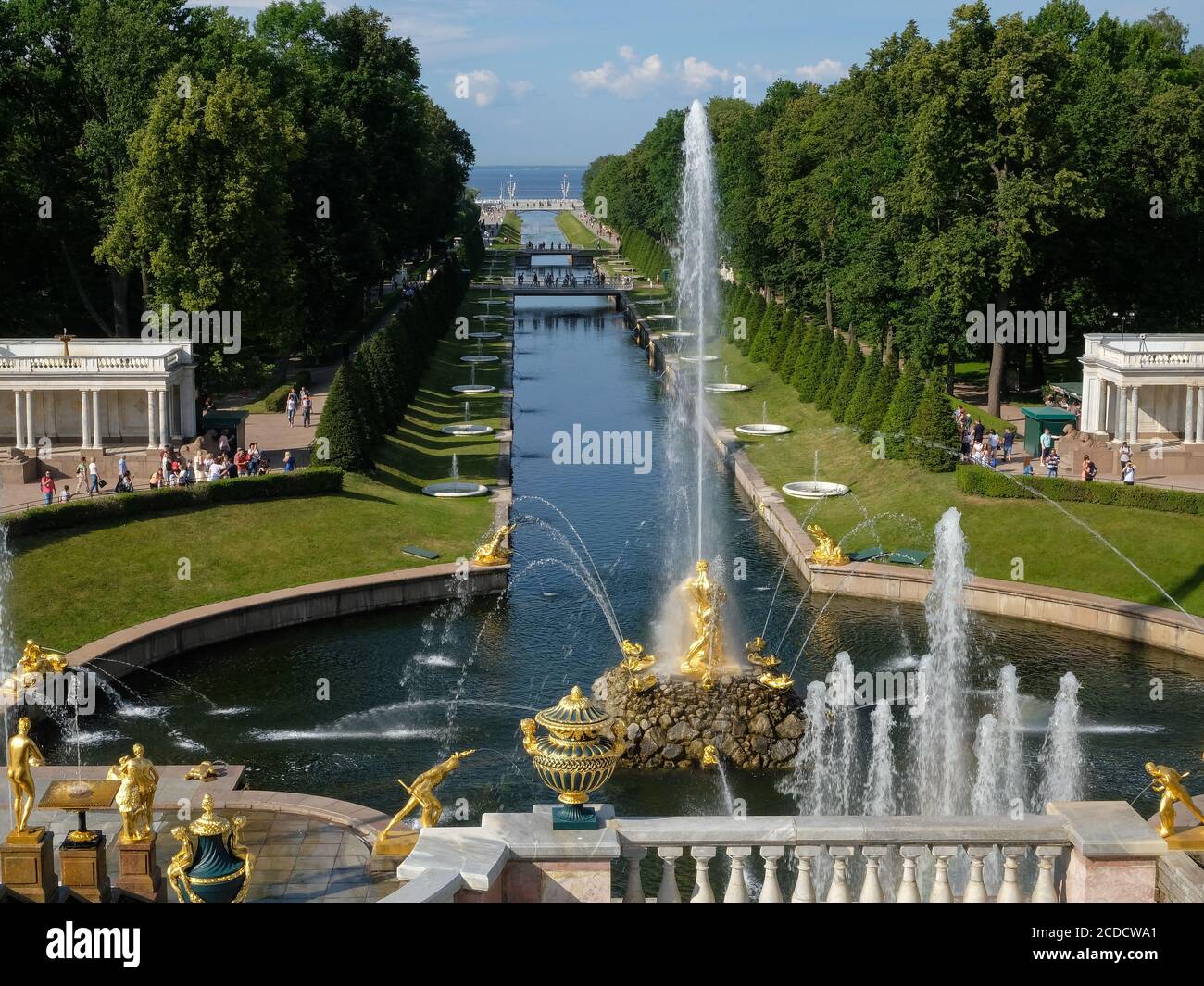 View of the lower park and the statues of the grand cascade, Peterhof, Russia Stock Photo