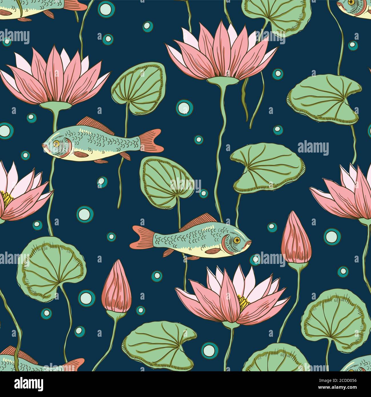 Adorable seamless pattern with lotus flowers, buds and fishes Stock ...