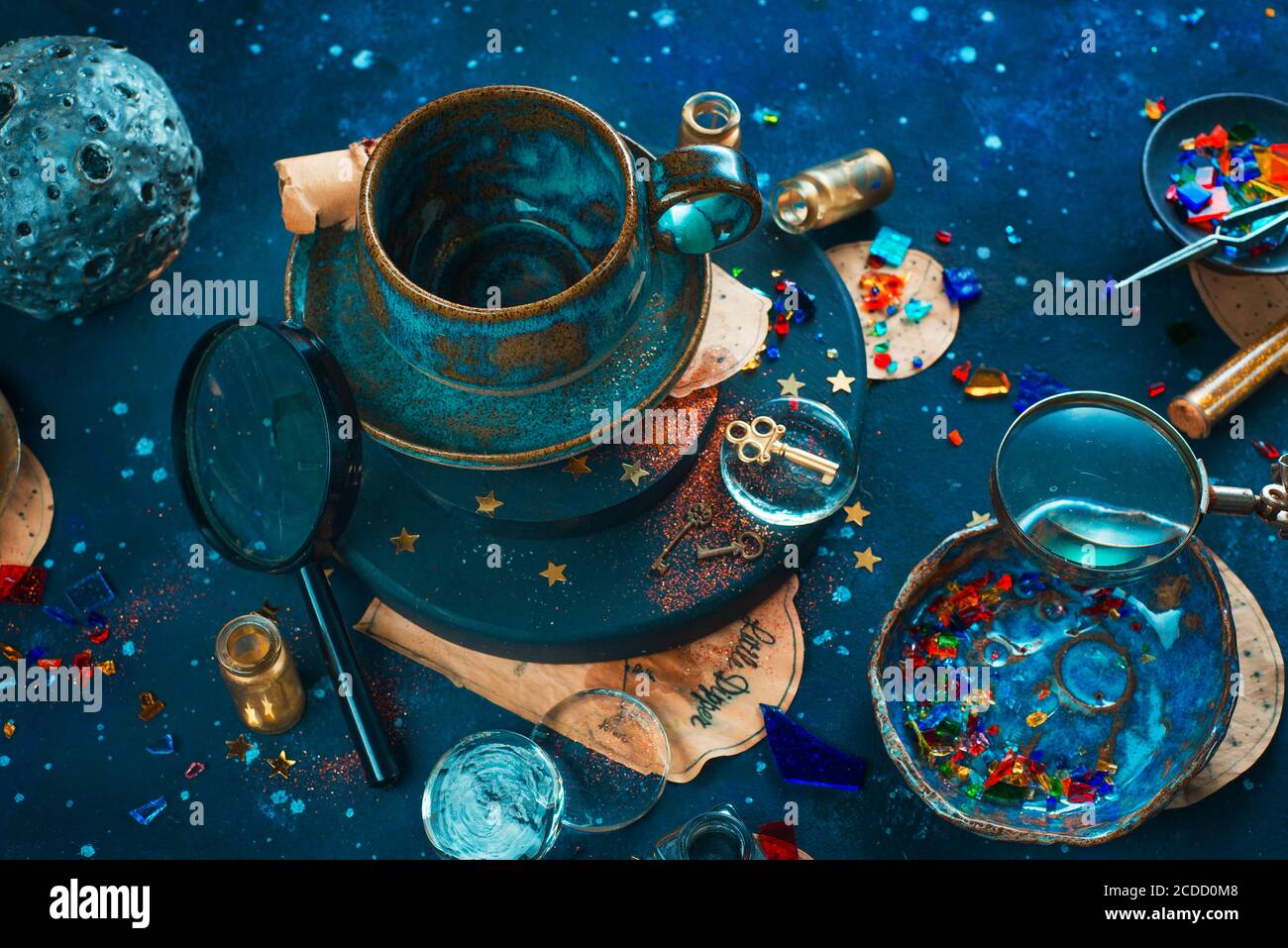 Astrology, astronomy concept with meteor, stars and scrolls on a starry night background Stock Photo