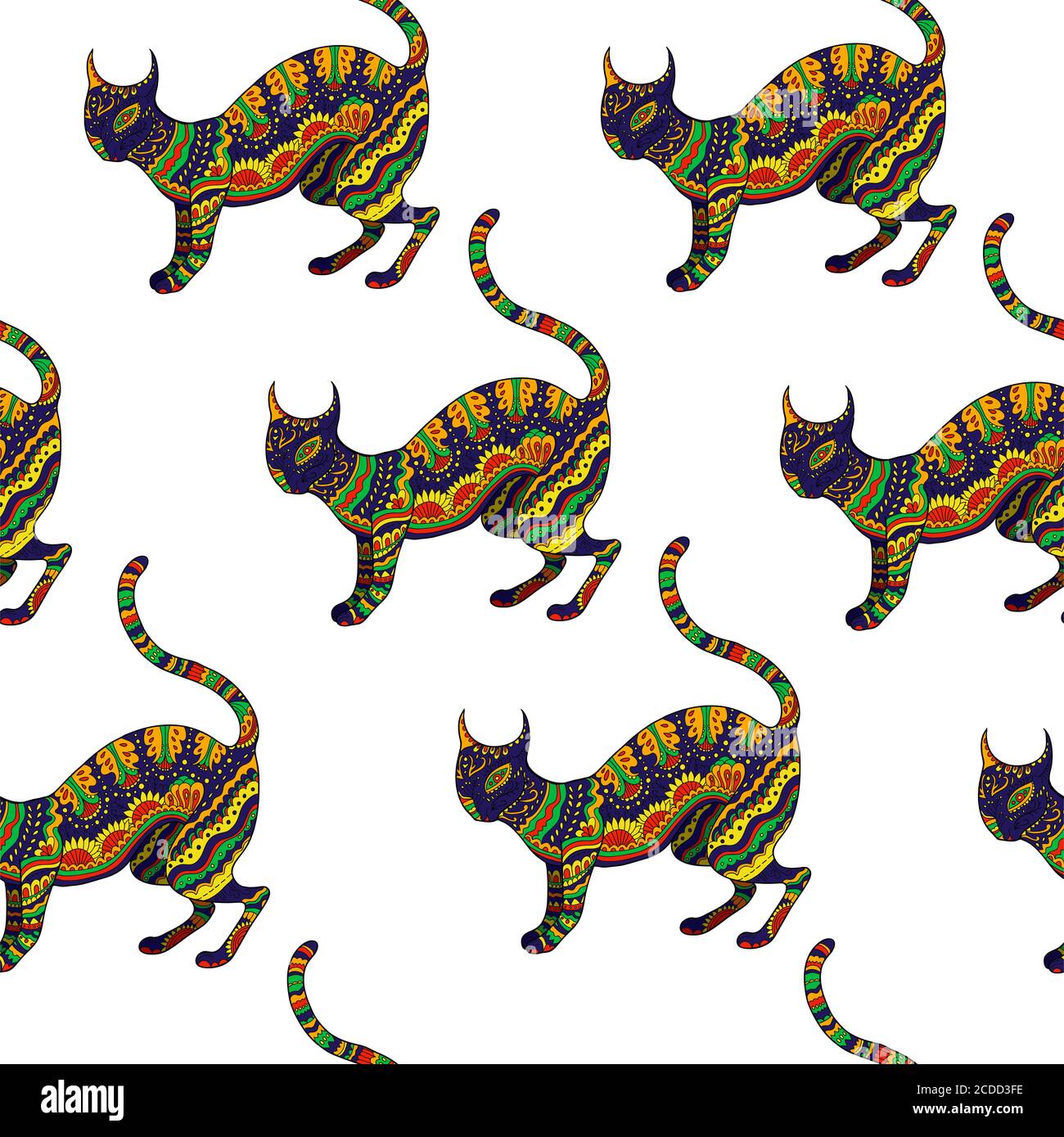 Seamless pattern with ornamental psychedelic cat, Stock Vector