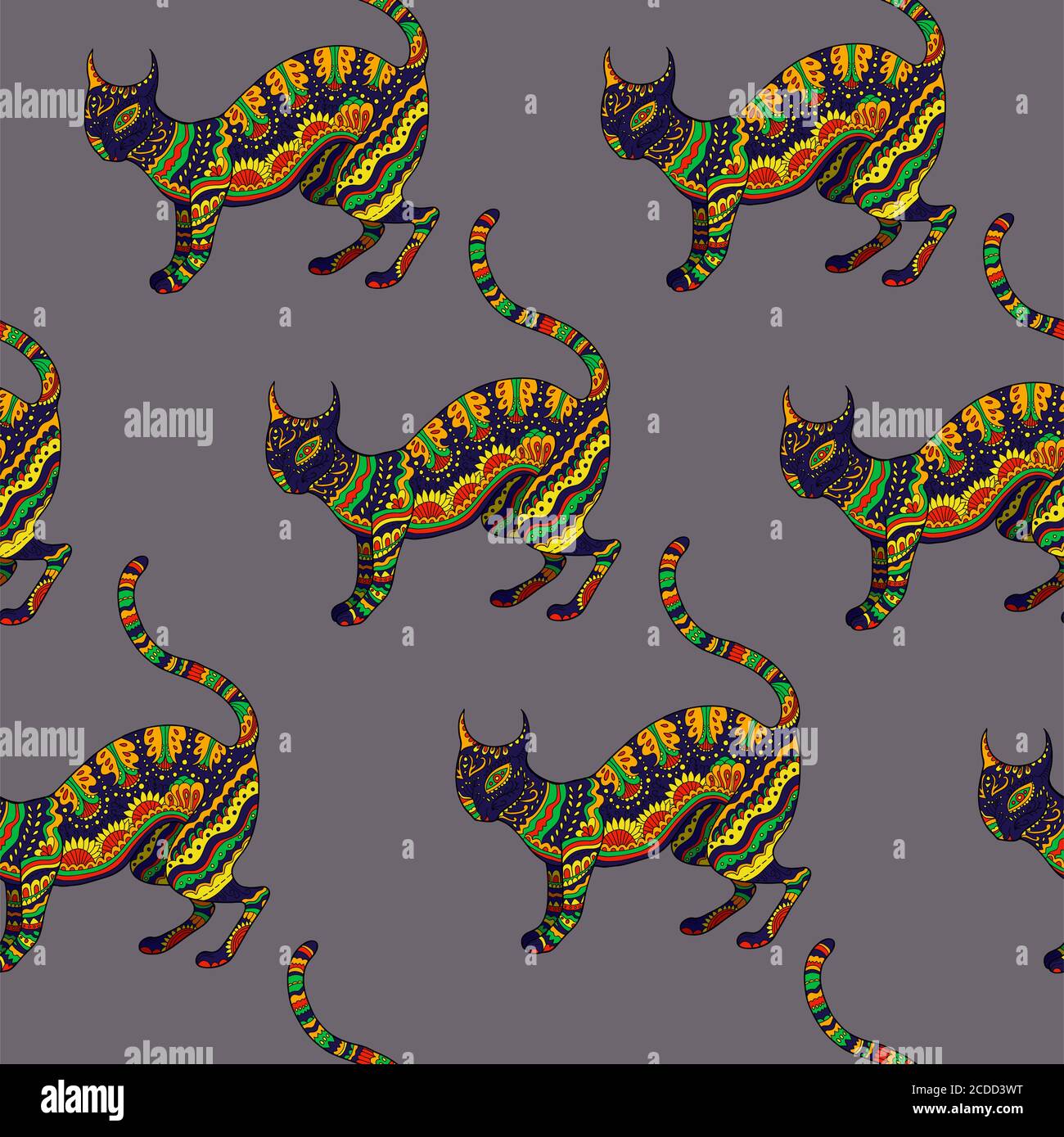 Seamless pattern with ornamental psychedelic cat, Stock Vector