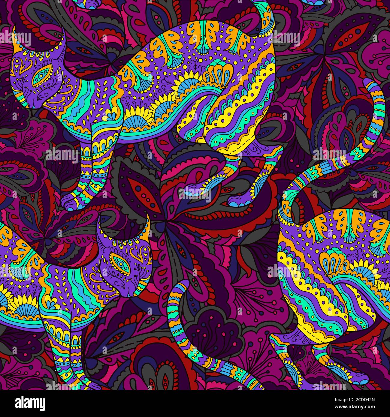 Seamless pattern with ornamental psychedelic cat, Stock Vector