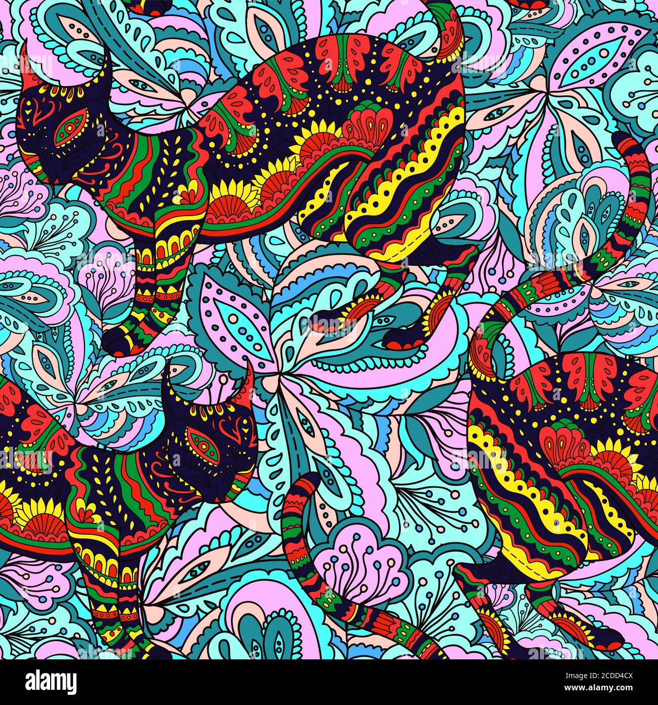 Seamless pattern with ornamental psychedelic cat, Stock Vector
