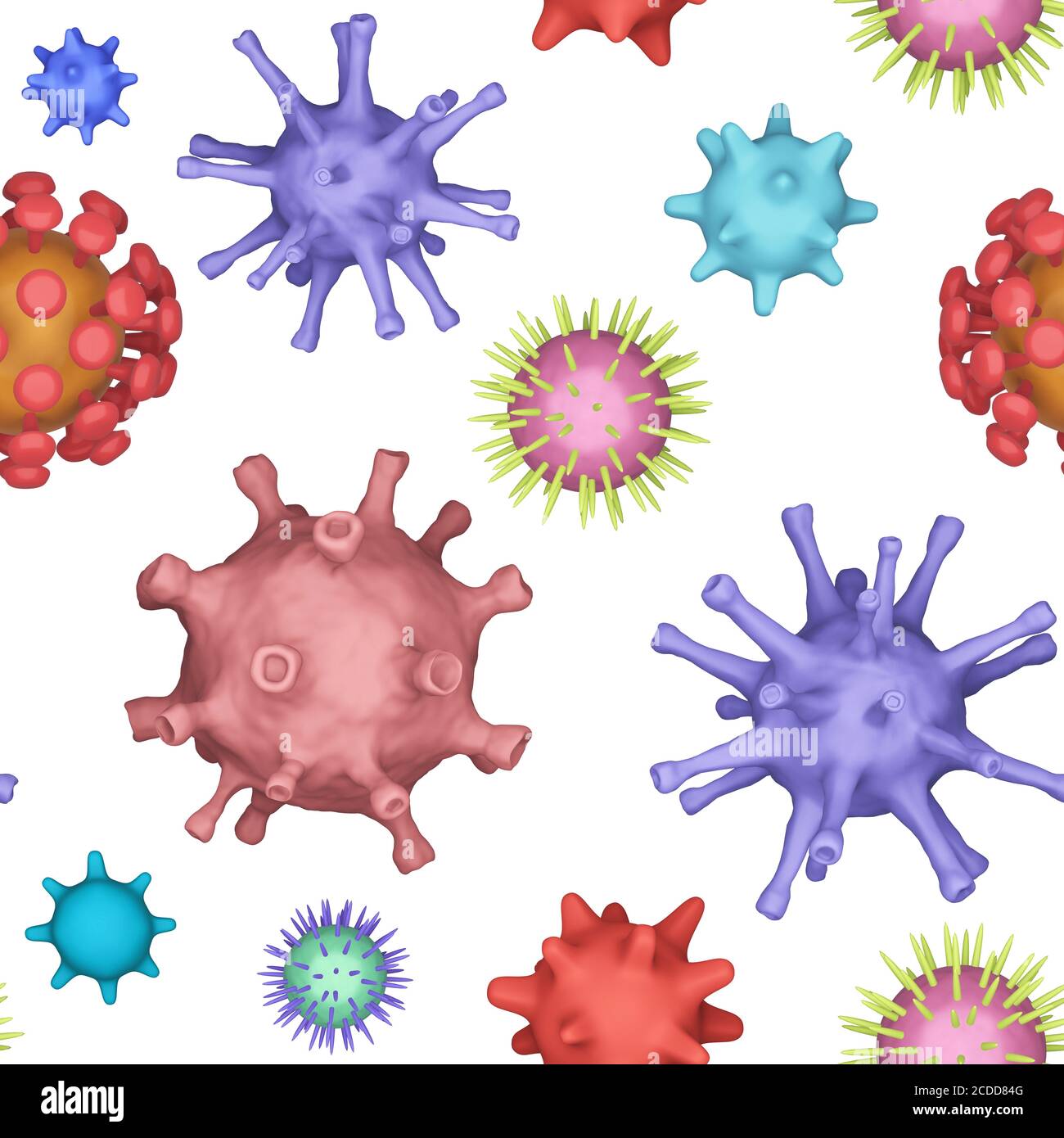 Seamless patern of Different kinds of viruses, coronavirus, herpes. Biology organisms backdrop in collage style. Many varios viruses on a white Stock Photo
