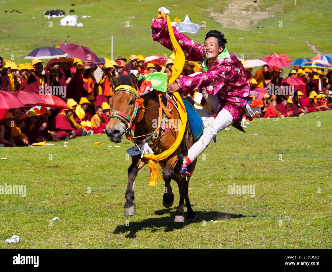 Kham men dressed up for the yearly entertaining house racing festival in near Litang city. Stock Photo