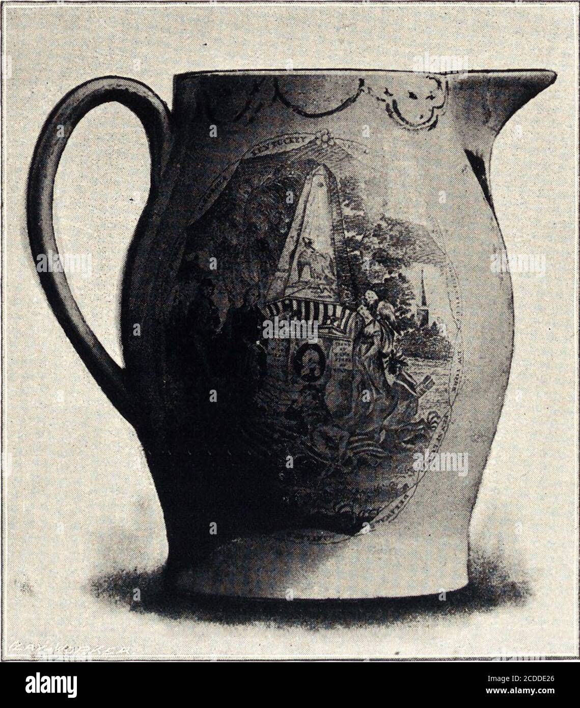 . Anglo-American pottery : old English china with American views, a manual for collectors . Washington Pitcher, from StuartsPainting. ANGLO-AMERICAN POTTERY.. A Washington Pitcher, Liverpool Ware. 22 ANGLO-AMERICAX POTTERY. known which hears the names of fifteen, including Vermontand Kentucky. Among the later Liverpool designs (about 1814) werepitchers with portraits of heroes of the War of 1812, such asBainbridge and Perry. Liverpool ware does not appear to have been producedfor the United States market until after the close of theRevolution, but the events of that war continued to furnishdec Stock Photo