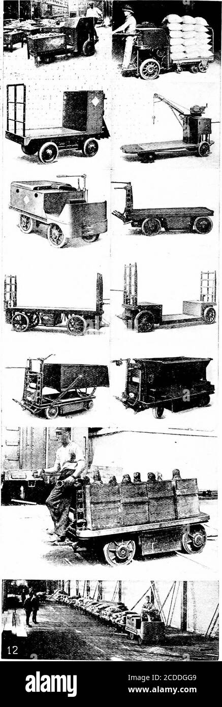 . Material handling cyclopedia; a reference book covering definitions, descriptions, illustrations and methods of use of material handling machines employed in industry . rop Frame Baggage Truck, No. 9 Carrier -with Detachable End Dump r.odv. No. 10 Carrier with Detacliahle Side Dump Ttodv. GeneralSpecifications Speed,s—400 to 700 ft. p.m.Truck Capacities—4,000 lb.Crane Cap—1,000 to ,3,000 lb.Platforms—10 to ,55 scp ft. I , ,1 Platform Height—11 to 3.5. Dump Cap—.50 to 40 cu. ft.Four ^^?heel Steer Trucks, Front Wheel Steer Trac-tors, Sjjecial Roll Paper, Furnace Charging, Stacking,Ammunition, Stock Photo