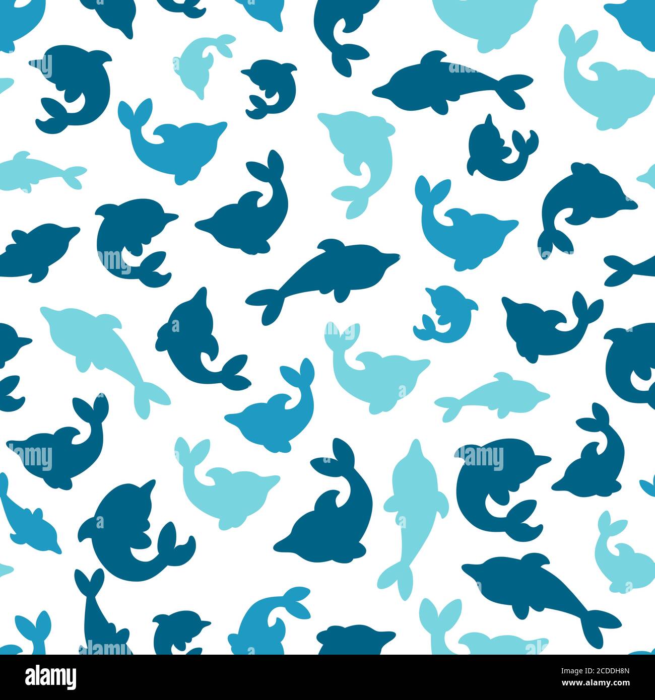 Seamless pattern with dolphins. Small and big dolphins in one pattern. Vector illustration Stock Vector