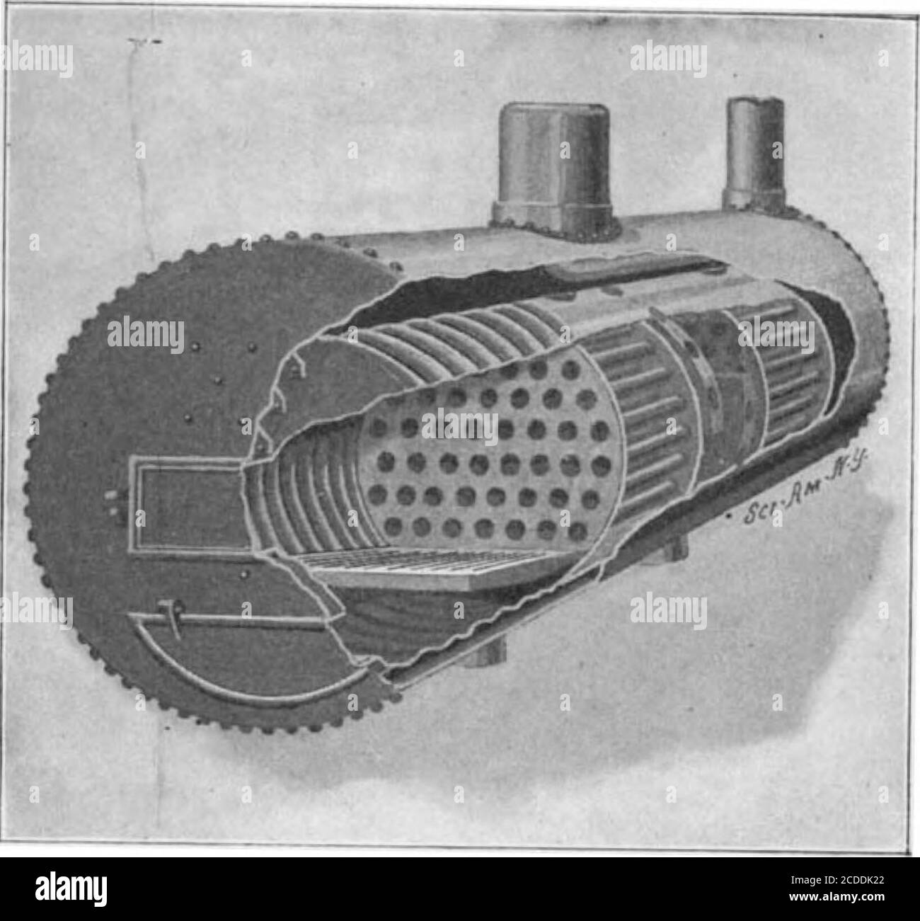 . Scientific American Volume 86 Number 14 (April 1902) . let which is pro-vided with a valve under the control of the engineer.A similar inlet is located in the auxiliary combus-tion chamber. The smoke and gases, passing throughthe first set of flues, enter the auxiliary combustionchamber, and after passing downward under the firstdeflector and upward over the second, continuethrough the next set of flues to the firebox. It is evident that this arrangement provides a largeheating surface resulting in greater economy in theconsumption of the fuel. There is a complete circula-tion of water, whic Stock Photo
