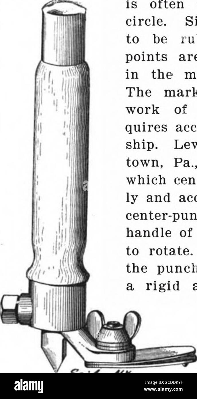 . Scientific American Volume 86 Number 14 (April 1902) . ith a punchin the material along the circle.The marking of the points is awork of great precision; it re-quires accuracy and fine workman-ship. Lewis Williams of Johns-town, Pa., has invented a tool bywhich centering can be more rapid-ly and accurately accomplished. Acenter-punch forms the axis of thehandle of the tool, and is mountedto rotate. A socket is secured tothe punch by a setscrew and hasa rigid arm to which a bar ispivoted, carrying acenter point. The barand arm are clampedin adjustable relation.It is obvious that thetwo points Stock Photo