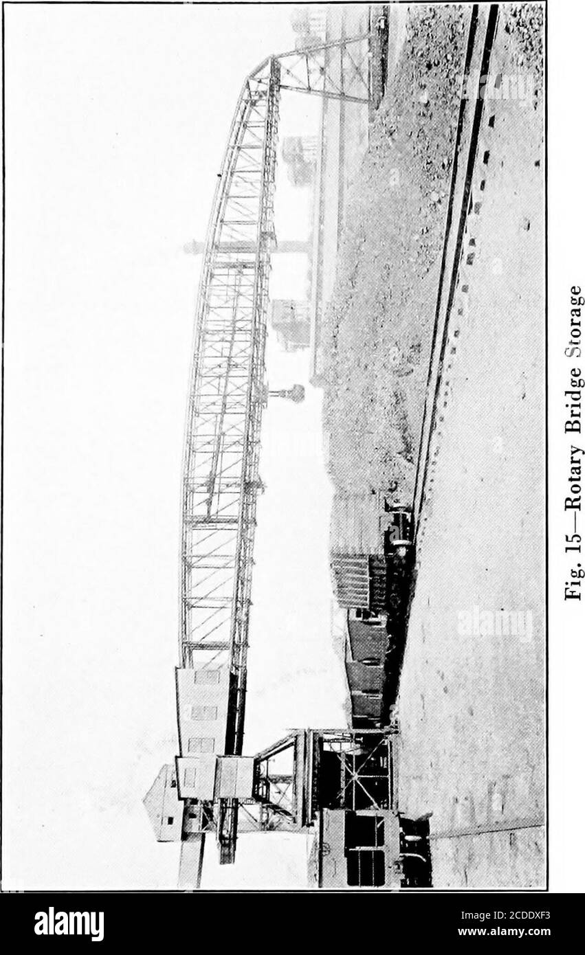 . Material handling cyclopedia; a reference book covering definitions, descriptions, illustrations and methods of use of material handling machines employed in industry . usually of standardgage, the distance, centre to centre of tracks, being about20 ft. The body of the crane is supported on four trucks,one under each corner, two of these trucks being idle andthe wheels of the other two being connected by means ofthe necessary gearing to the main engine, so that the cranecan be moved along the tracks. Separate swing enginesare used on the latest cranes for rotating them. A S-yd. grab bucket d Stock Photo