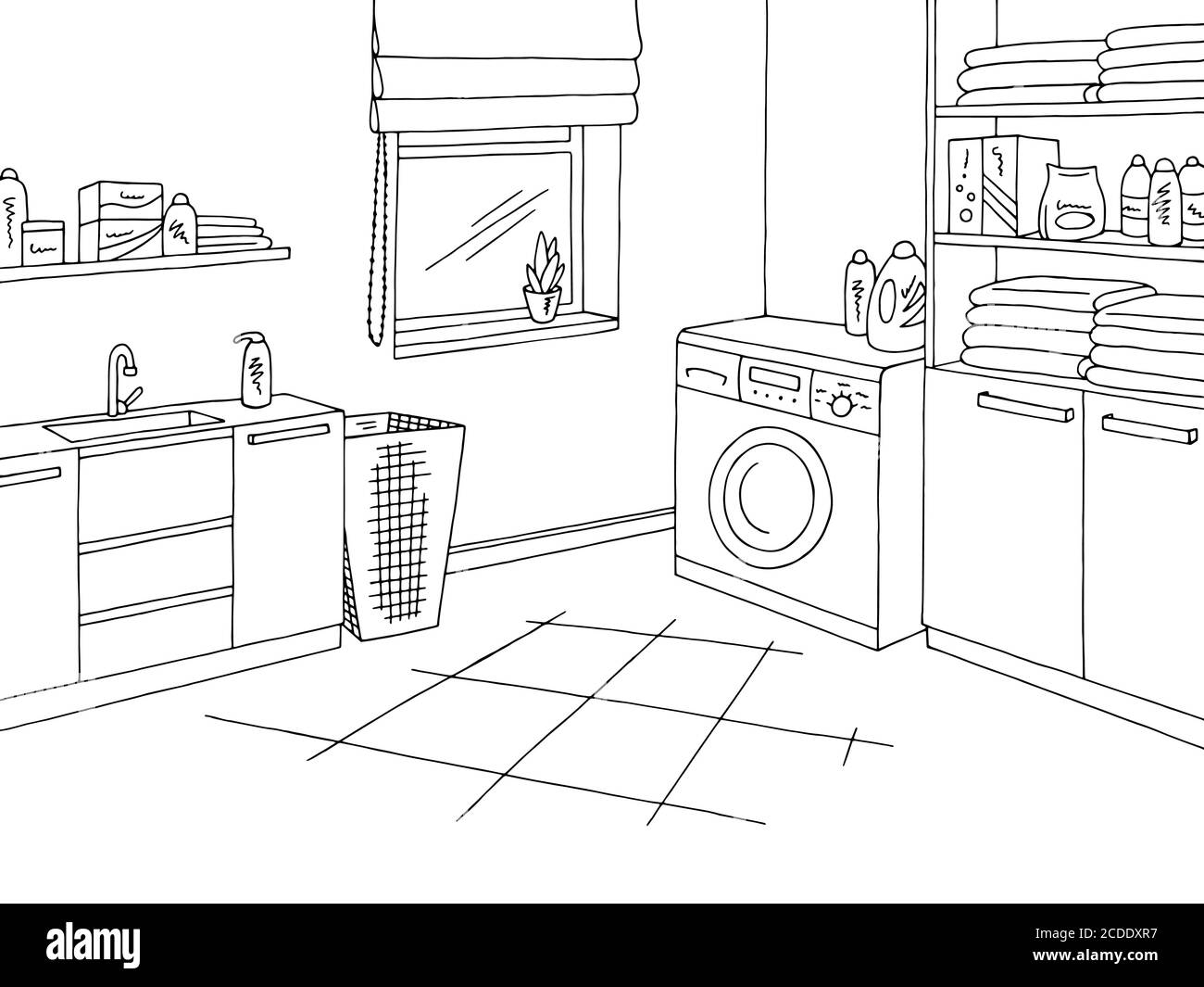Laundry room home interior graphic black white sketch illustration