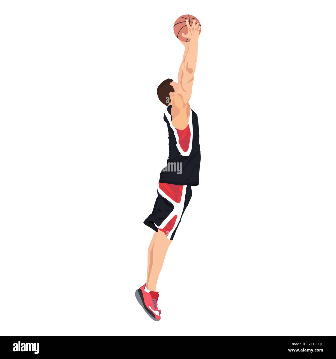 Professional basketball player jumping and shooting ball into the hoop, vector illustration