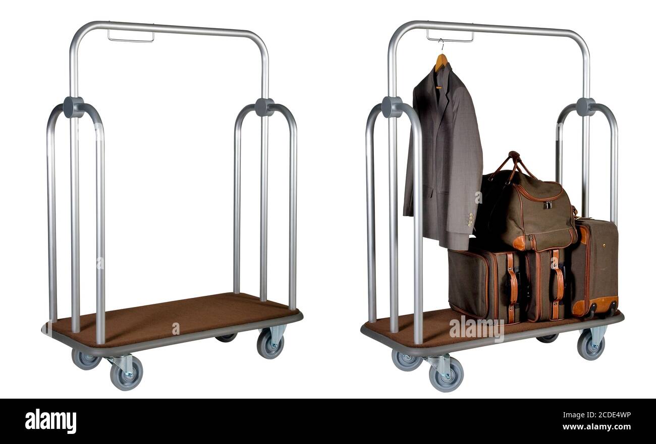 Metal hotel trolley empty and with Luggage isolated on white with clipping  path Stock Photo - Alamy