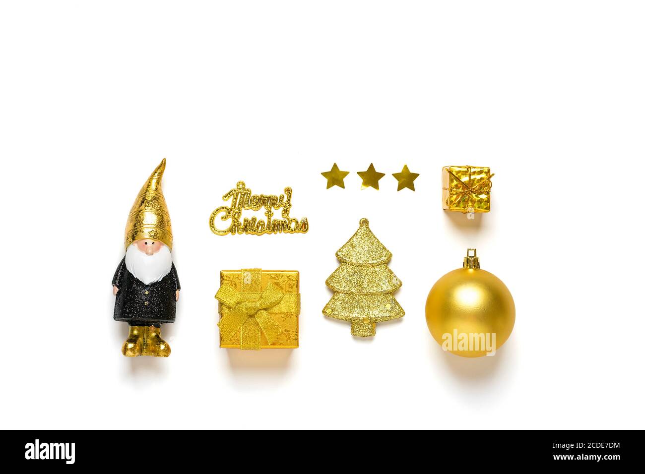 elf, gift box, bauble decorated with gold sparkle in black, golden color isolated on white background. Happy New Year, Merry Christmas concept Holiday Stock Photo