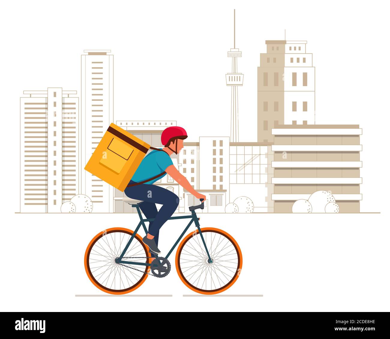 Delivery boy on bicycle with yellow backpack Stock Vector