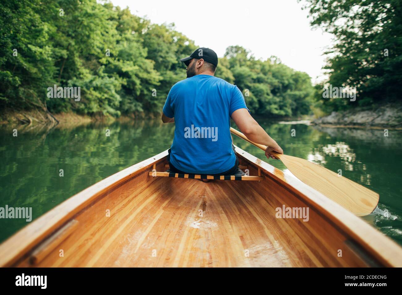 Man paddling canoe in the forest lake Stock Photo Alamy