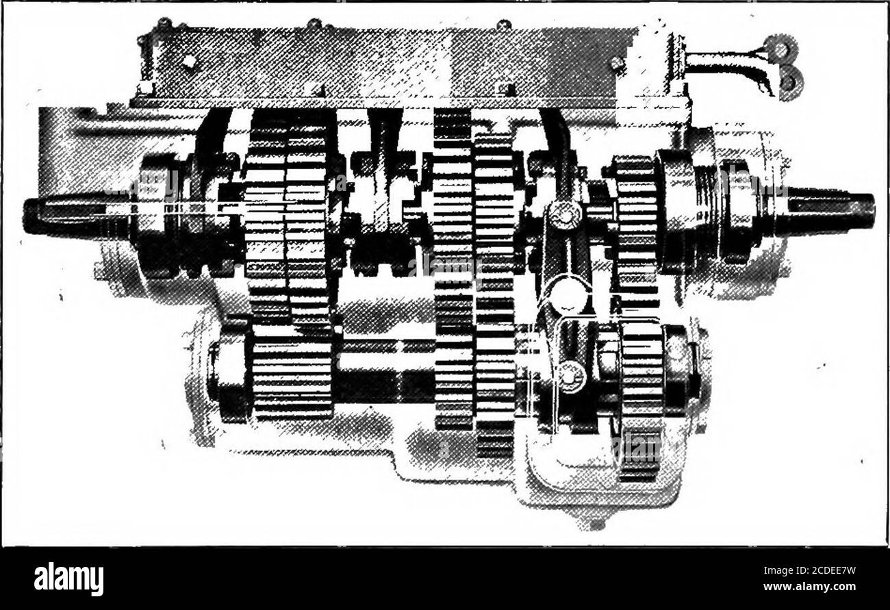 . Material handling cyclopedia; a reference book covering definitions, descriptions, illustrations and methods of use of material handling machines employed in industry . F/ xg Fig. 19—Transmission Assembly, Sliding Gear Type except F and G are in mesh. It is to be noted that gearsF and G are always in mesh as they transmit the powerfrom shaft A to shaft C. Shaft D is the reverse gear shaft which carries thethird gear necessary to cause the shaft B to rotate in thereverse direction. Shafts Ai and B rotate on the same axis,. Fig. 20—Sliding, Jaw Clutch Transmission the front bearing of shaft B Stock Photo