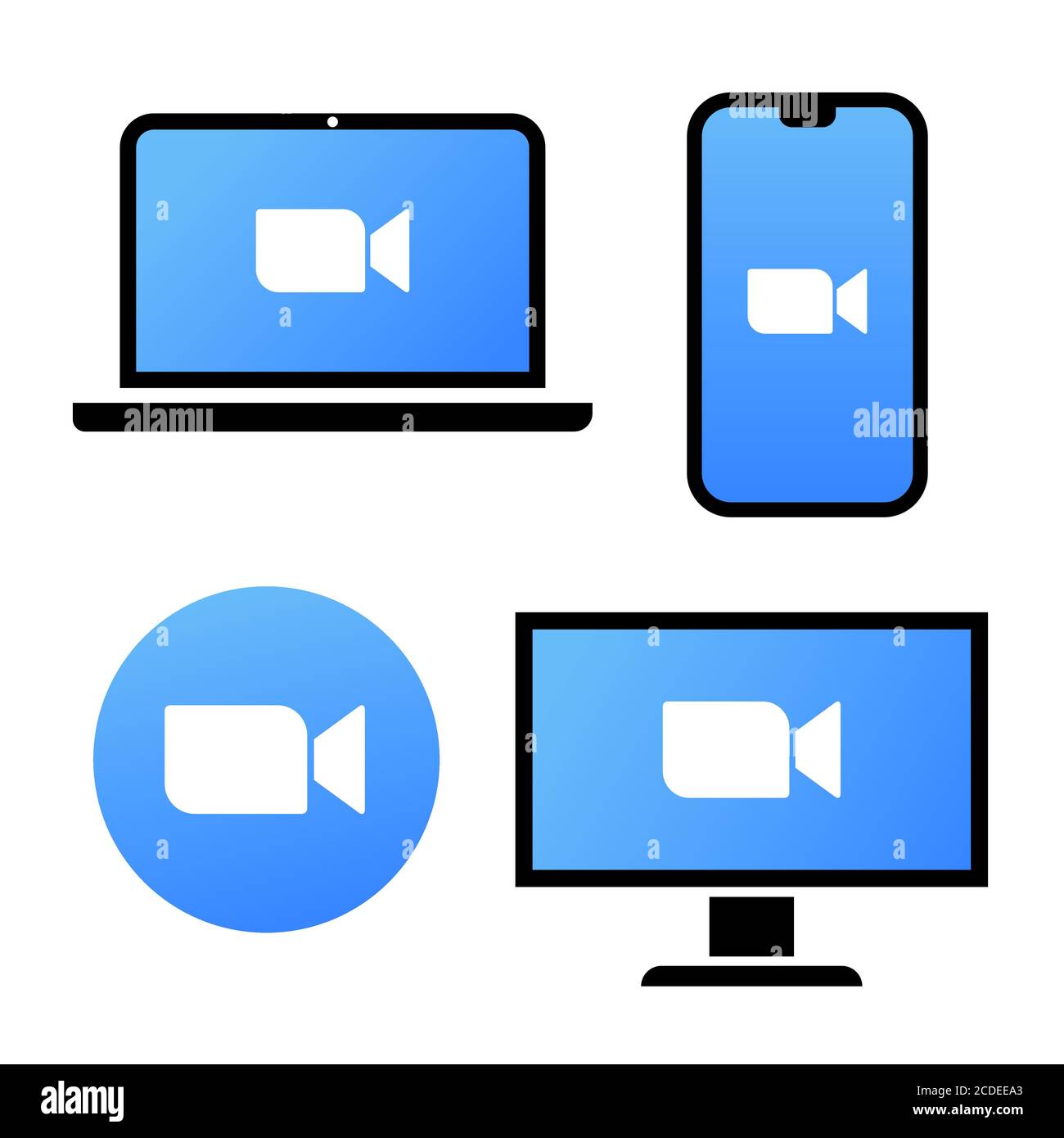 Blue camera icon - Live media streaming application on different devices - laptop, smartphone, tv, tablet, monitor, conference video calls with Stock Vector