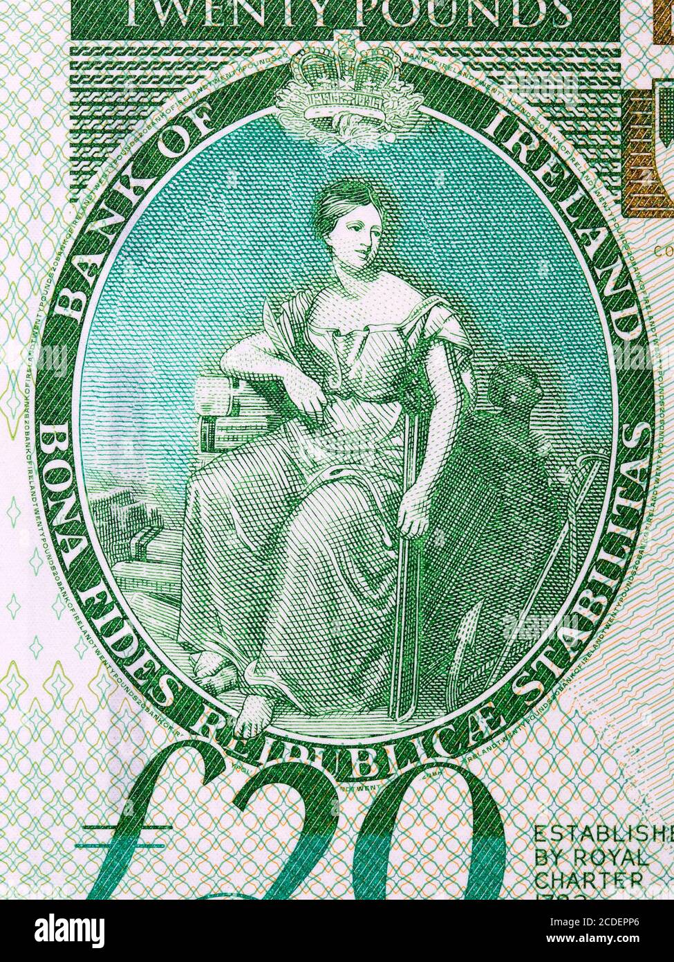 Bank seal with seated woman a portrait from Northern Ireland money Stock Photo