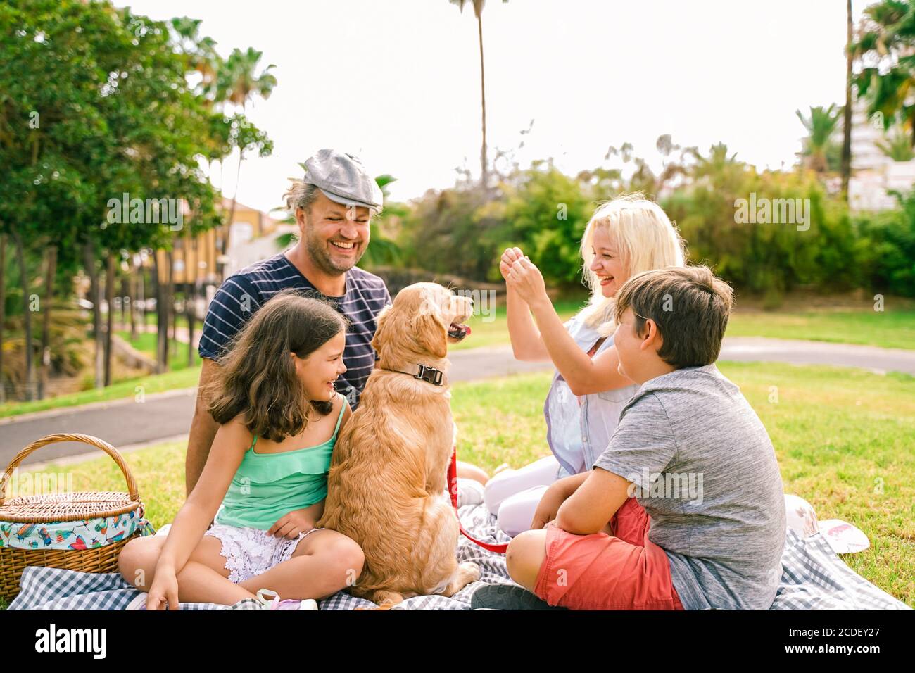 Happy family with their dog in a good summer day. The family playing ...