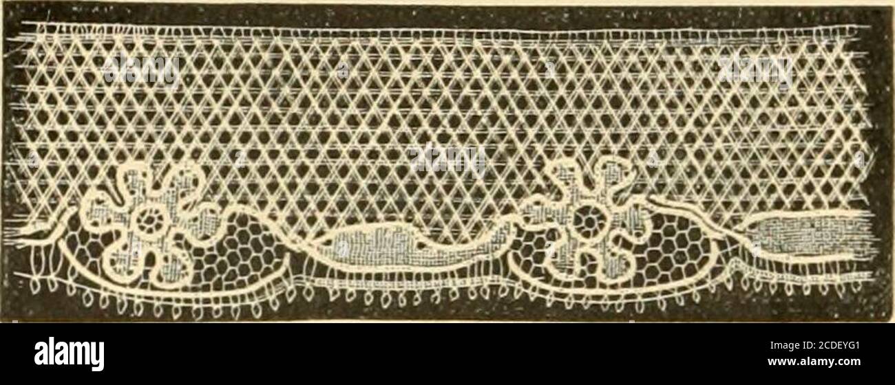 . History of lace . Baby Lace—(Bucks.) considerable quantities, until the expertness of the smugglerand the cessation of the war caused it to be laid aside. One-third of the lace-workers of Northampton were 2 c 2 388 HISTORY OF LACE employed, previous to tlie introduction of macliine-madenet, in making quillings on the pillow. During the Regency, a point lace, with the cloth or toile on the edge, for many years was in fashion,and, in compliment to the Prince, was named by the loyalmanufacturers Regency Point. It was a durable andhandsome lace (Fig. 145). Fig. 143.. Wjke Grouxk.—(Northaiuptoii. Stock Photo