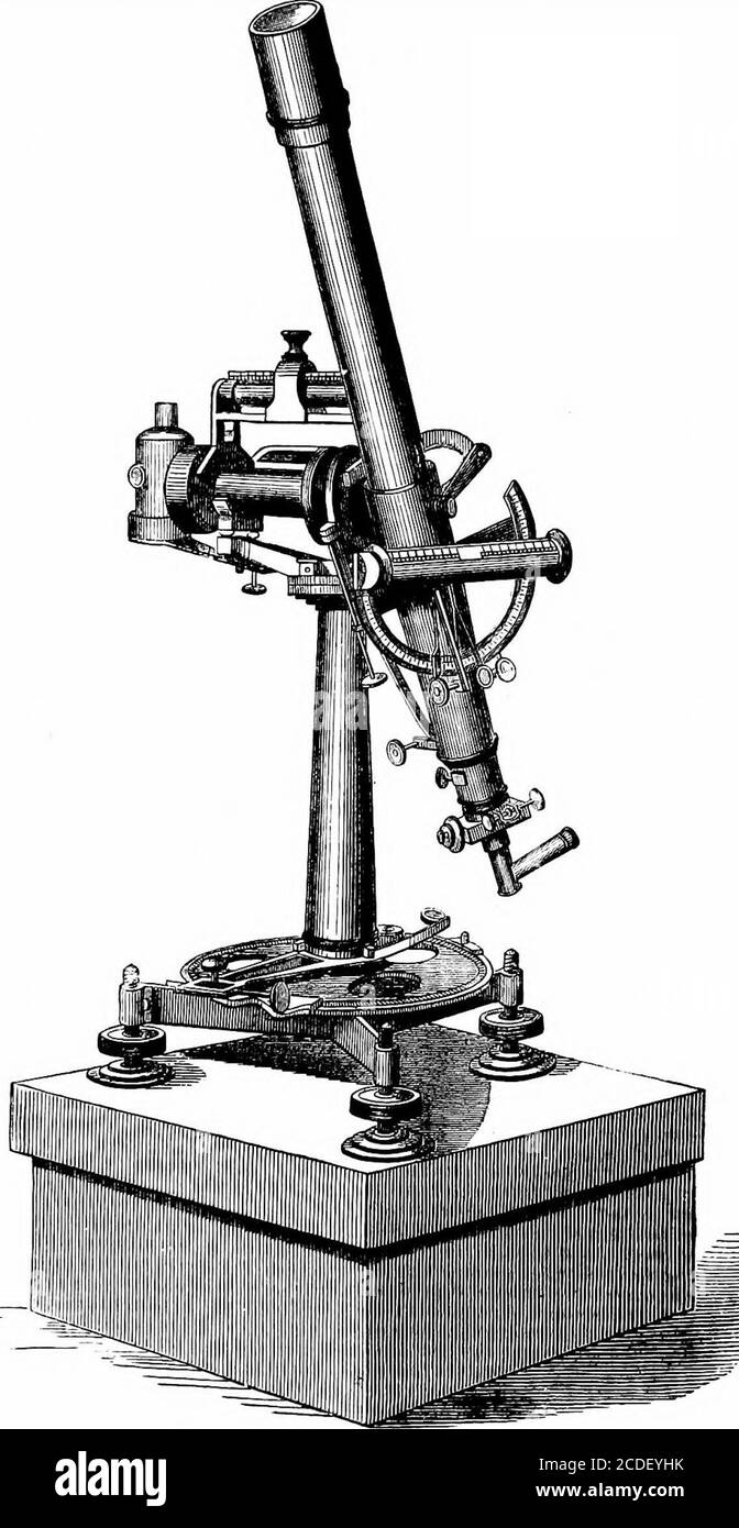 Astronomy for students and general readers . he instrument which carries  the tele-scope at one end, and a counterpoise at the other. The whole  in-strument can revolve 180° in azimuth about