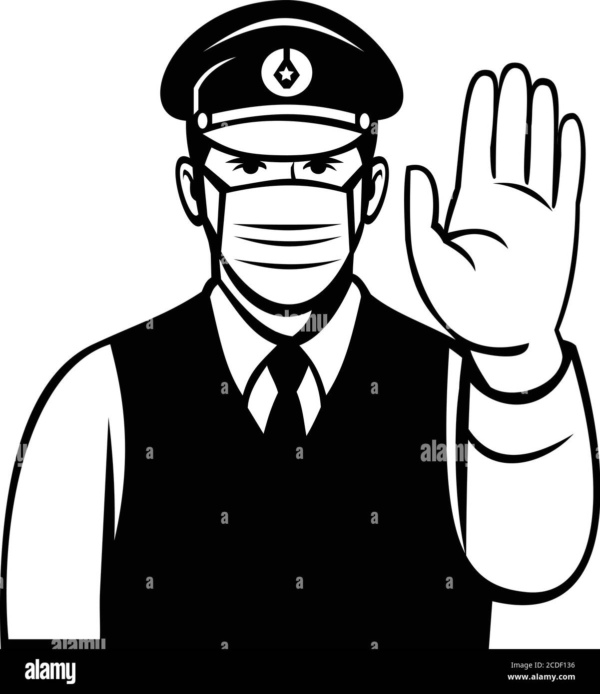 Black and white cartoon illustration of a Japanese policeman or police officer wearing face mask or covering showing stop hand signal viewed from fron Stock Vector