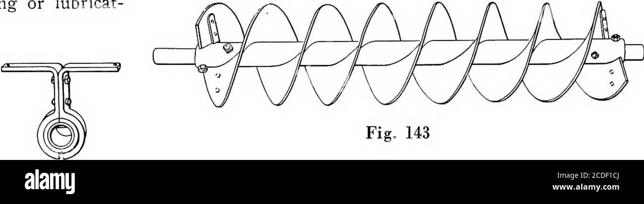 . Material handling cyclopedia; a reference book covering definitions, descriptions, illustrations and methods of use of material handling machines employed in industry . Figs. 133, 134 and 135 Two common types of discharge gates are used withscrew conveyors. One consists merely of a plain handoperated slide (Fig. 136) in the bottom of the trough.The rack and pinion slide (Fig. 137) will, however, usu-ally be found Aiore satisfactory as it is more easily openedand closed and is less likely to stick.. Fig. 143 Screw conveyors are frequently used on material whichmust be mixed during its progres Stock Photo