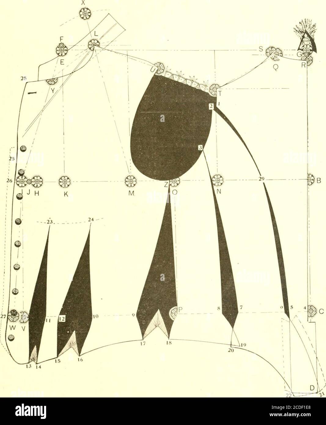 . New superlative system of cutting ladies' garments, based upon a scientific, sure and simple method giving the correct proportions for each type of form of every size, with variations for all kinds of disproportionate shapes and forms . 8 is I 3/^ inches. V to W is I inch. W to 27 and I to 26 is ^^ inch. 6 to 7 is 2J8, and P to 8 is d/i, making the two sidepieces and back measure l-j, inch more than 3^ ofwaist measure. Z is J4 inch forward from O. P to W is 11 inches, which leaves 6 inches for suppres-sion. This I divide into 5 parts and takeout two-fifths from P to 9, one fifth from 2 to 11 Stock Photo