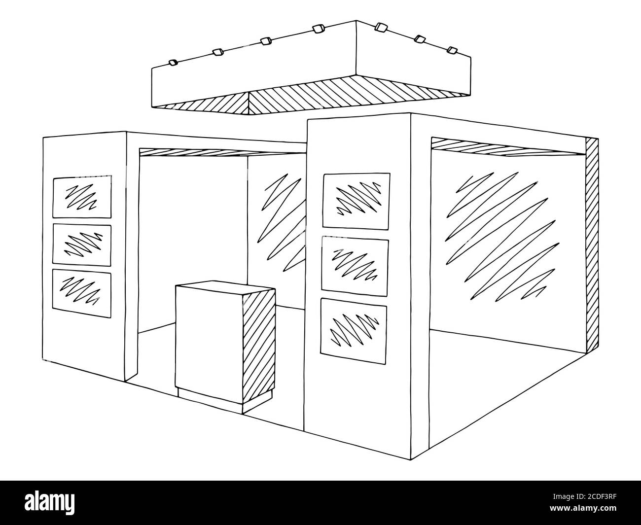 Exhibition stand graphic interior black white sketch illustration vector Stock Vector