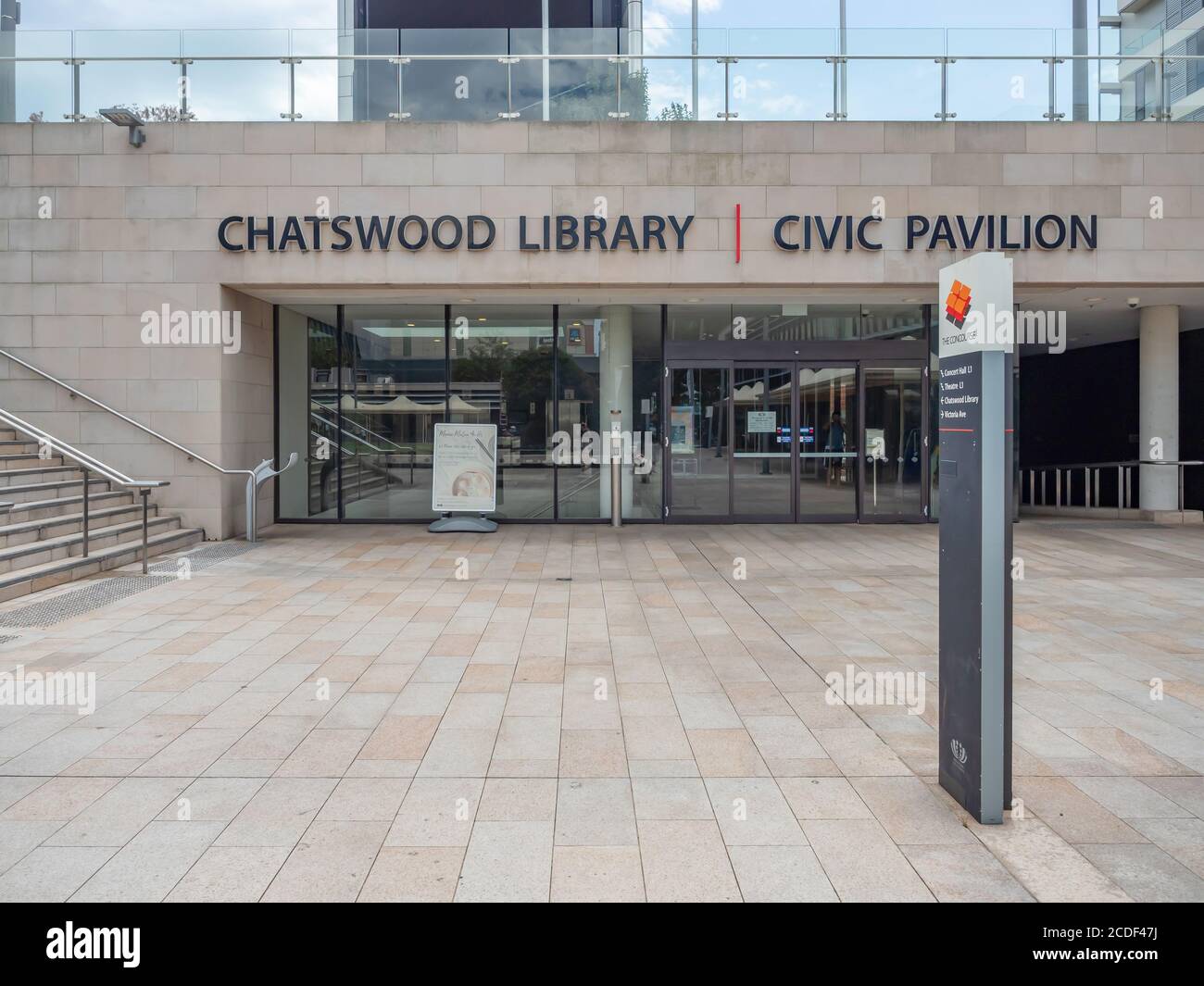 Chatswood Library and Civic Pavilion facade at Lower North Shore on a sunny summer afternoon Stock Photo
