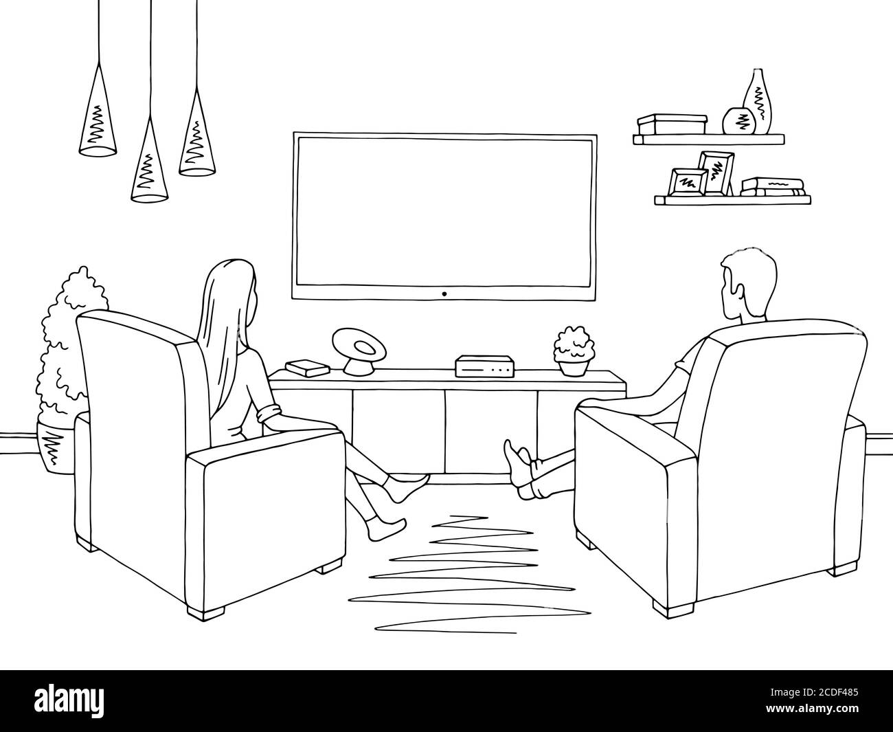 Living room graphic black white home interior. Woman and man sketch sitting watching  television illustration vector Stock Vector Image & Art - Alamy