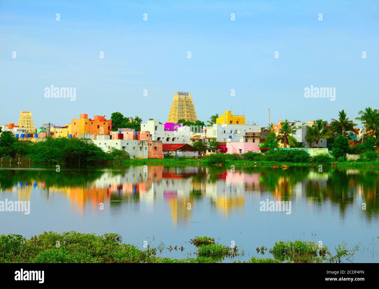 Beautiful view of sacred city Kanchipuram (Kanchi) with colorful