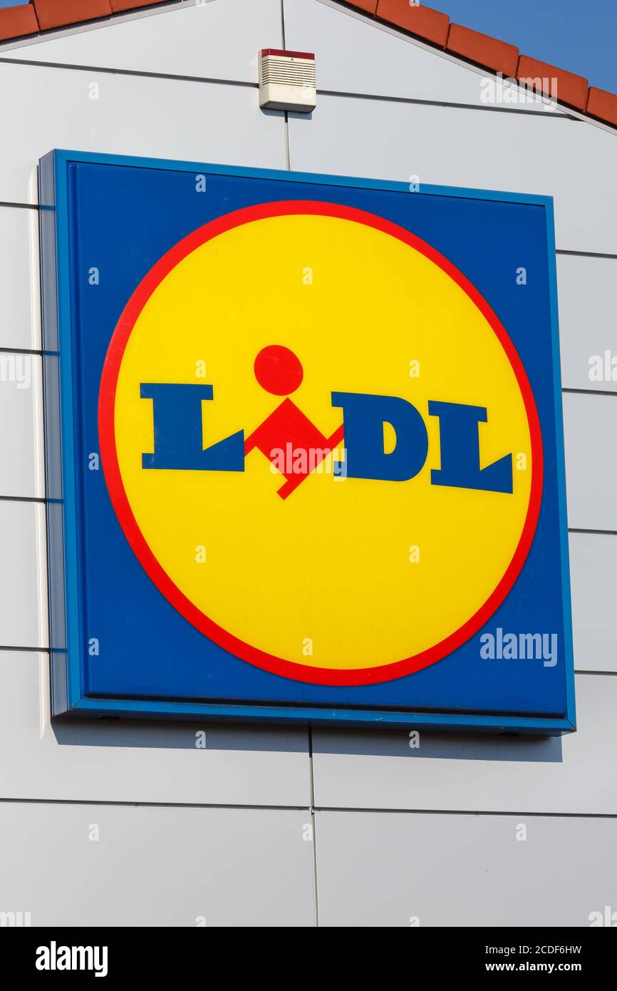 Stuttgart, Germany - May 17, 2020: Lidl logo sign portrait format supermarket discount shop discounter in Germany. Stock Photo