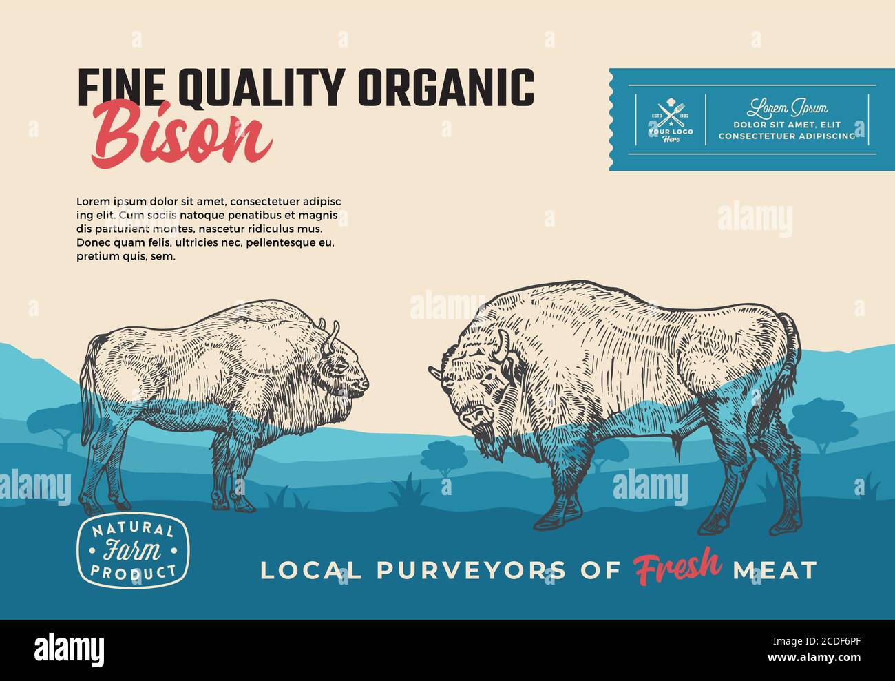 Fine Quality Organic Bison. Abstract Vector Meat Packaging Design or Label.  Modern Typography and Hand Drawn Buffalo Bulls Silhouettes. Rural Pasture  Stock Vector Image & Art - Alamy