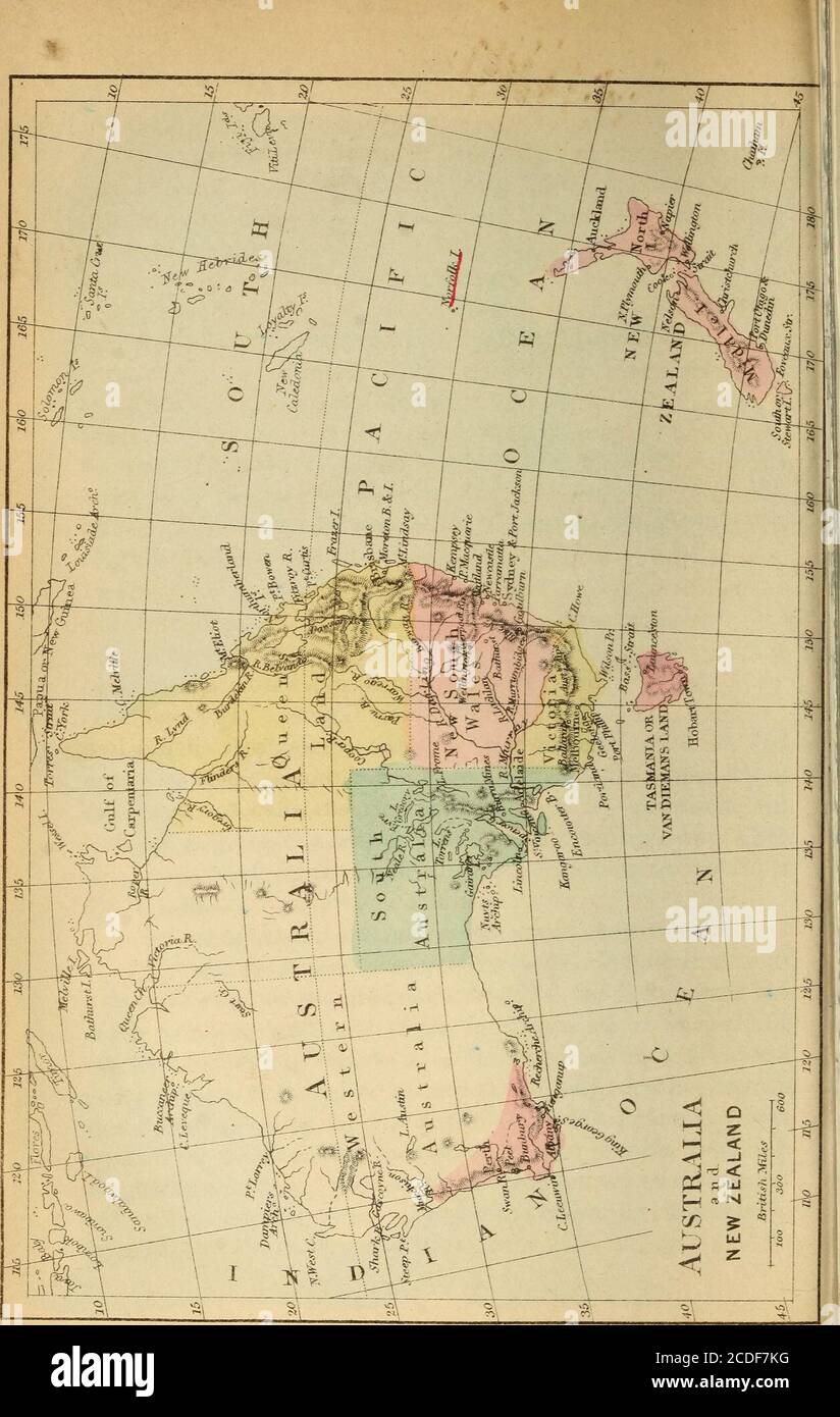 . The British empire: a sketch of the geography, growth, natural and political features of the United Kingdom, its colonies and dependencies . tralia, Tasmania, New Zealand, the Aucklands,Norfolk, and other lesser islands. CHAPTER I. AUSTKALIA. Australia, or New Holland, is the largest island in theworld, or rather it forms the sixth of the great continents ofthe globe. Its greatest length, from Cape Byron on the eastto Steep Point on the west, is 2,227 miles; its greatest breadth,from Cape York on the north to Cape Wilson on the south, is1,680 miles. In its configuration the island appears to Stock Photo