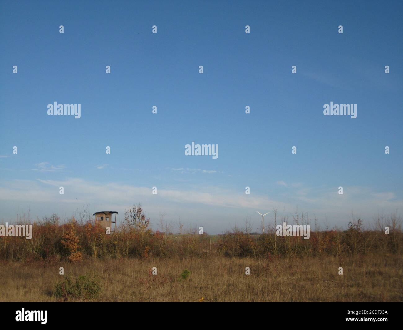 wooden high seat of a hunter on a empty field under blue sky Stock Photo
